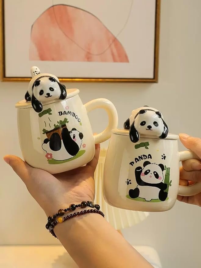 Vasukie 3D Panda Ceramic Coffee Mug with Lid & Glass Spoon, Gift for Brother, Birthday, Rakhi, Panda Mug White, 420ml