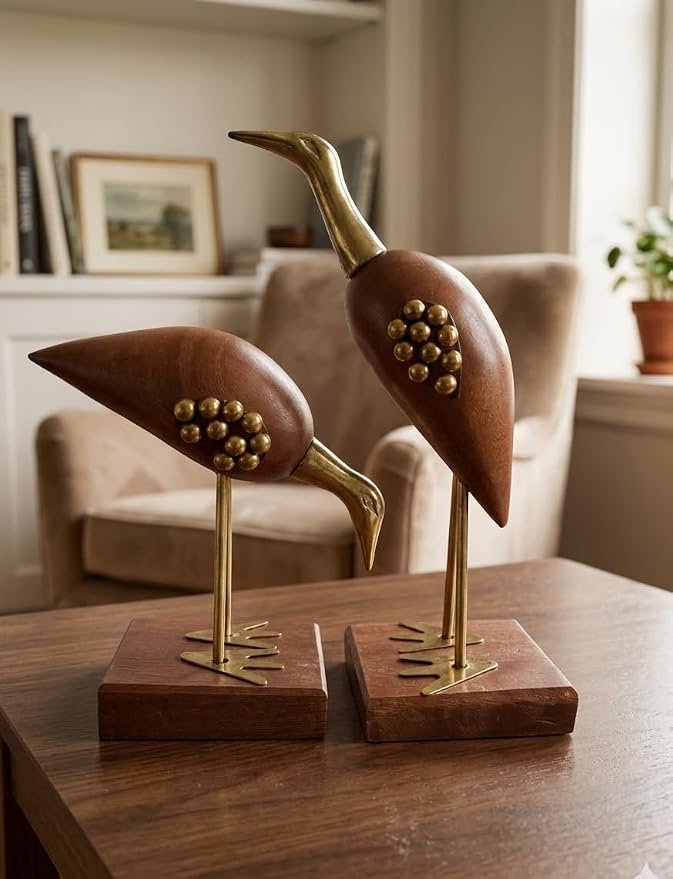Decorative Bird Figurines Set, Wood and Brass, Home Decor Showpiece, 2 Piece Duck Couple Sculpture with Wooden Base