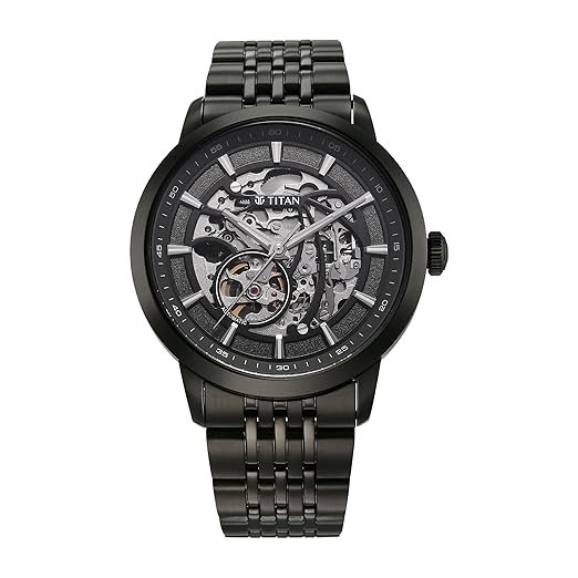 Titan Phoenix Skeletal Automatic Analog with Gun Dial Black Stainless Steel Strap Watch for Men – 90223NM01