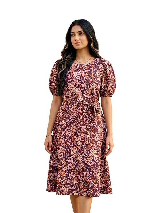 HELLCAT Women Floral Fit & Flare Midi Dress | Round Neck, Puff Short Sleeve, Waist Tie-Up Belt | Casual Brunch Wear, Western One Piece, A-Line Long Frock, Summer Party Outfit