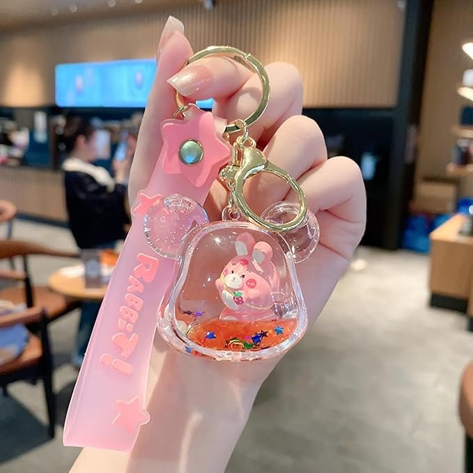 Kawaii Premium Water Glitter Keychain for Girls | Cute Floating Liquid Filled Keychain with Plushie Strap and Cute Charm Designs | Trendy Keyring for Bags, Purses