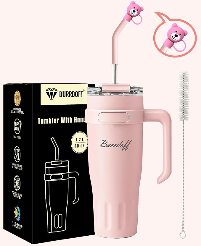 Insulated Tumbler with Straw Lid and Handle (1200 ML) Double Wall Sipper Water Bottle for Adults, Tumbler Bottle with Straw (Pastel Rosette, 1200 ML, with Bear Straw Cover)