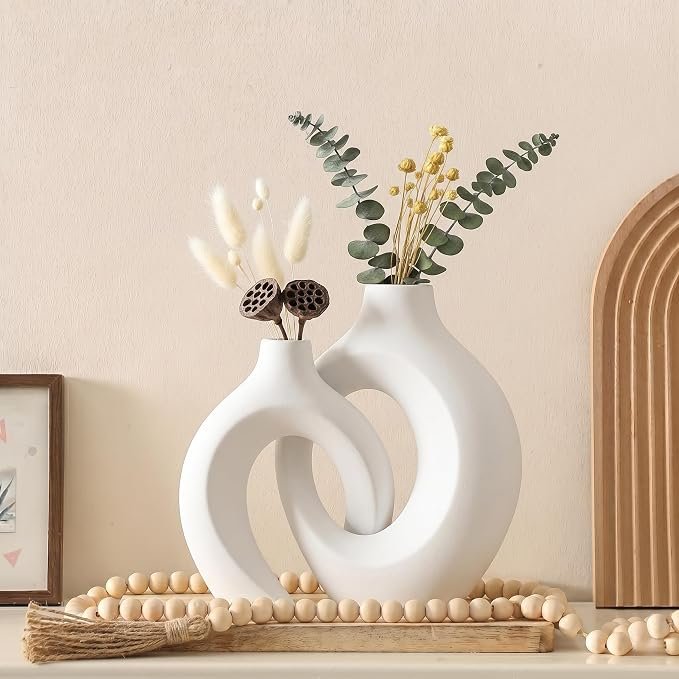 PUREZENTO Abstract White Ceramic Donut Vase 8.4 & 6.8 Inch – Set of 2 | Decorative Hollow Donut Vase for Dried Flowers & Pampas Grass | Vases for Modern Home Decor, Living Room, Office Decor Ideas