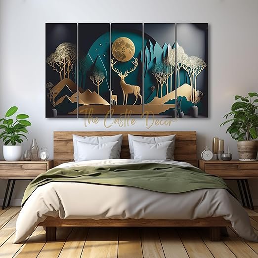 The Castle Decor Golden Deer Wall Painting for Living Room Big Size – Deer Wall Painting for Bedroom, Office, Drawing Room, Hotel – Elegant Wall Decor Art for Home Decoration, Gifting (27×48 inch)
