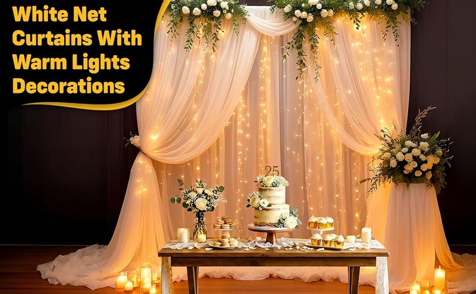 Party Propz White Net Curtain for Decoration with Fairy Lights (9m), White Canopy Tent for Decorations, Birthday Backdrop for Decoration, Backdrop Decorations(7pcs)